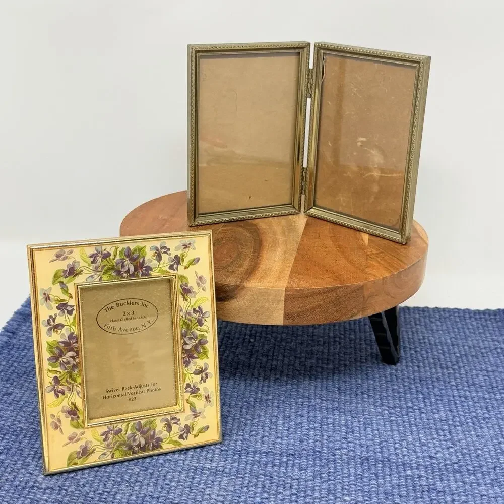 Vtg Mini Lot Bi-fold Picture Frames Metal 2.5x3.5 Gold Brass Tone MCM Hinged